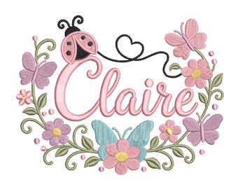 Claire Ladybug Butterfly Floral Name Embroidery Design- Machine Embroidery Design File