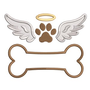 Peut inclure: Motif brodé avec un os pour chien, des ailes d'ange, un halo et une empreinte de patte. Les ailes et le contour de l'os sont marron, les ailes sont blanches, le halo est doré et l'empreinte de patte est marron. Idéal pour les créations sur le thème des animaux.
