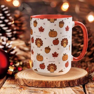 Personalized Thanksgiving Mug | Custom Name Fall Coffee Cup | Cute Turkey Pumpkin Autumn Leaves Design | Cozy Gift for Teachers & Friends