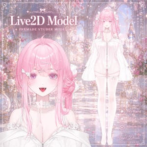 May include: A digital Live2D model of a character with long pink hair, pink eyes, and visible fangs. The character wears a white off-the-shoulder top and white stockings. Text includes Live2D Model, Premade Vtuber Model, Fully Rigged, Physics, Ready to Use, and Angel Dream.