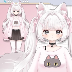 以下が含まれることがあります： 白い髪をツインテールにし、猫耳とピンクのリボンをつけたアニメ風のキャラクター。ピンクのジャケット、グレーの猫のグラフィックが入った白いクロップドトップ、黒いスカート、黒いチョーカーを着用。 全体的な美学はキュートで遊び心があります。