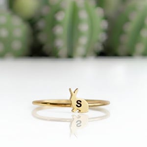Könnte beinhalten: Ein goldfarbener Ring mit einem hasenförmigen Anhänger. Der Hasenanhänger trägt den Buchstaben "S". Der Ring liegt auf einer weißen Oberfläche mit einem verschwommenen grünen Hintergrund.