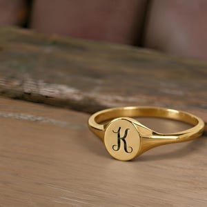 14k Gold Plated Initial Signet Ring • Minimalist Script Monogram