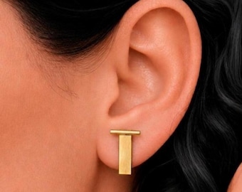 14K Gold Plated T-Bar Stud Earrings • Minimalist Geometric Bar Studs • Architectural Style