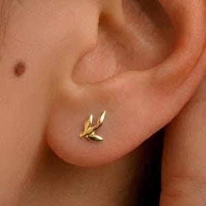 Peut inclure: Gros plan d'une boucle d'oreille en forme de feuille dorée. La boucle d'oreille est petite et délicate, avec une finition lisse et polie. La boucle d'oreille est portée sur une oreille.
