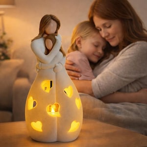 Könnte beinhalten: Ein cremefarbener Kerzenhalter aus Keramik, der eine Mutter und ein Kind in einer Umarmung darstellt. Der Halter hat herzförmige Aussparungen, die ein warmes Leuchten von der Kerze im Inneren ausstrahlen. Die Figuren haben braune Haare und tragen weiße Kleidung.