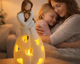 Hand-Painted Mother Daughter Embrace Candle Holder – Heart Glow Home Decor (Includes LED Candle)