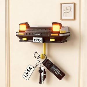 Puede incluir: Un llavero de pared con forma de frontal de coche, en tonos marrón, negro y amarillo. El llavero tiene el texto "TRUEND" y "13-954". Las llaves con llaveros cuelgan del llavero.