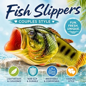 Może przedstawiać: Kapcie w kształcie ryby z realistycznym wzorem zielono-żółtego okonia z otwartym pyskiem. Tekst zawiera Fish Slippers, Couples Style, Fun. Fresh. Unique., Lightweight & Cushioned, Non-Slip & Durable, Breathable & Comfortable.