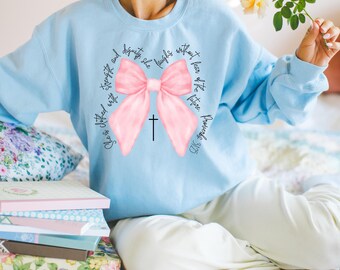 Bible Verse Bow Sweatshirt with Cross- Christian Crewneck, Faith Based Clothing, Religious Sweatshirt