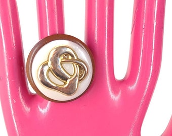 Vintage Button Statement Ring: Pearl White, Gold, and Brown - Adjustable