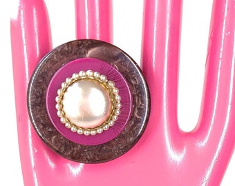 Vintage Button Stack Statement Ring: Brown, Magenta, Champagne, Adjustable