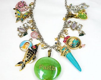 Vintage Charm Necklace: Green Faith Pendant, Koi Fish, Rhinestone Butterfly