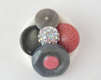 Vintage Upcycled Rhinestone and Resin Button Pin / Brooch in White, Pink and Grey - Vintage Button Pin / Vintage Button Brooch