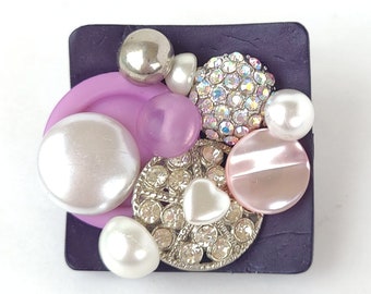 Vintage Upcycled Purple, Pearl and Rhinestone Button Pin / Brooch - Vintage Button Pin / Vintage Button Brooch