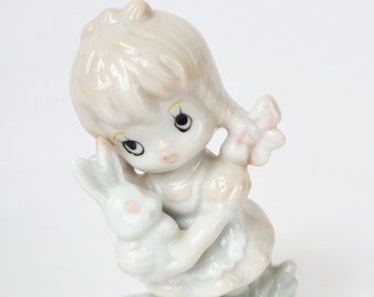Vintage Porcelain Figurine of Big Eyed Little Girl with White Bunny Rabbit - Vintage Girl and Rabbit / Rabbit Lover Gift / Kitschy Cute