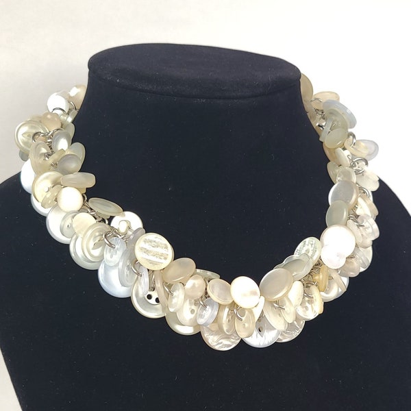 Upcycled Vintage Button Necklace in Pearly White - Statement Necklace / Chunky Necklace / Funky Necklace / Pearl White Statement