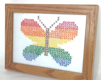 Vintage Framed Rainbow Butterfly Cross Stitch - Vintage Cross Stitch / Butterfly Art / Rainbow Art / Nursery Decor / Kid's Decor