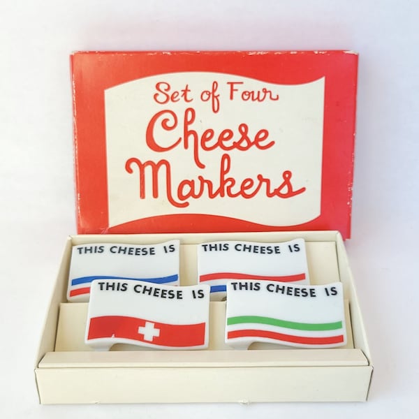Vintage Set of Four Cheese Markers in Original Box by Price Imports Japan - Porcelain Cheese Markers / Cheese Labels / Vintage Serving