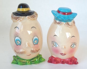 Vintage Anthropomorphic Egg Salt and Pepper Shakers: PY Miyao, Japan