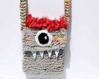 Silly Cyclops Monster Bag - Grey w/ Coral Pink Hair - Fun Gift For Kids / Cyclops Bag / Silly Bag / Kids Purse / Bag For Kids / Plush Purse