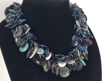 Upcycled Vintage Button Statement Necklace: Blue & Grey Chunky Jewelry