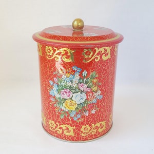 Red and Gold Floral Tea Tin Canister - Vintage Candy Tin