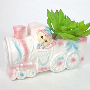 Baby Train Planter in Blue and Pink with Cutesy Bear - Vintage Kitschy Nursery Decor