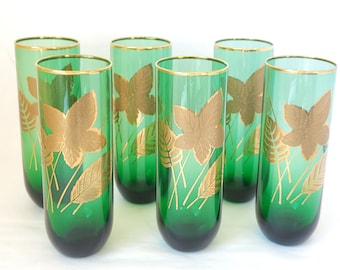 Set of 6 Vintage Libbey Emerald Green Glass Tumblers with Gold Leaf Design - Mid Century Glass / Green Glasses / Vintage Glasses / Barware