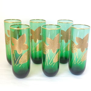 Set of 6 Vintage Libbey Emerald Green Glass Tumblers with Gold Leaf Design Mid Century Glass / Green Glasses / Vintage Glasses / Barware image 1