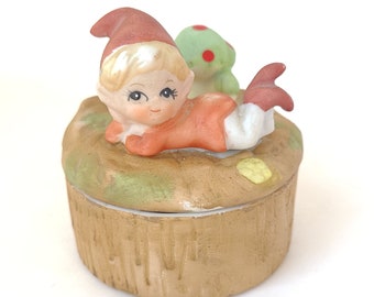 Vintage Homco Elf and Mushroom Box #5404 - Bisque Porcelain Box / Vintage Kitsch / Kitschy Box / Elf Box / Vintage Elf / Vintage Pixie