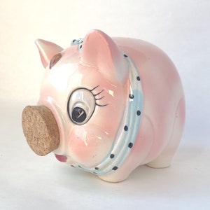 Vintage Cork Nose Piggy Bank in Pink and Blue Kitschy Cute / Kitschy Piggy Bank / Vintage Kitsch / Vintage Piggy Bank image 1