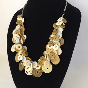 Upcycled Vintage Button Statement Necklace: White & Butterscotch Brown