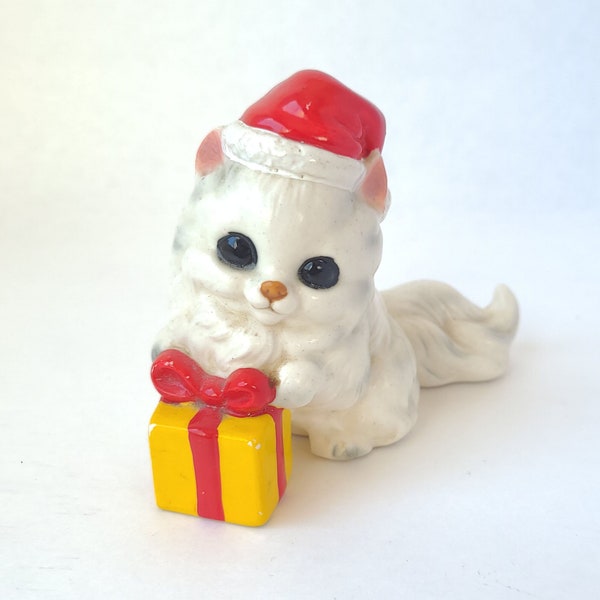 Vintage Josef Originals Porcelain Persian Christmas Cat in Santa Hat with Gift - Christmas Cat / Vintage Christmas Cat