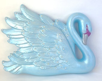 Upcycled Vintage Miller Studio Chalkware Swan in Pearly Blue and Purple with Crystals on Feathers - Vintage Chalkware / Blue Swan
