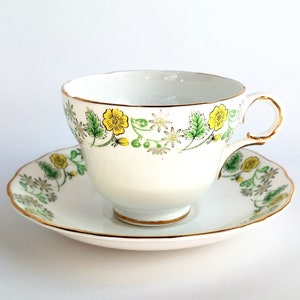 Teacup and Saucer with Retro Yellow Flower Design - Melba Bone China - Vintage Cup and Saucer