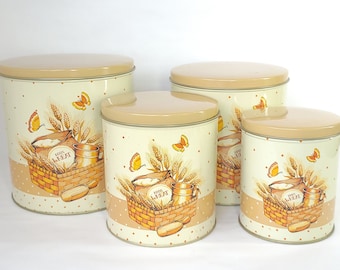 Set of 4 Vintage Tin Wheat Bread Basket Canisters by Cheinco - Kitchen Tins / Tin Canisters / Vintage Kitchen / Cheinco Tins