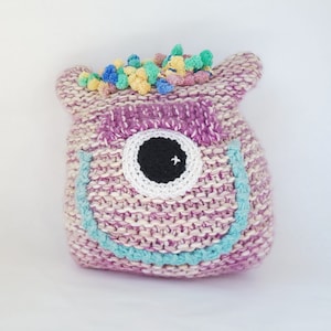 Hand Knit Purple Monster Pillow: Wool Mohair Blend, Kids Room Decor