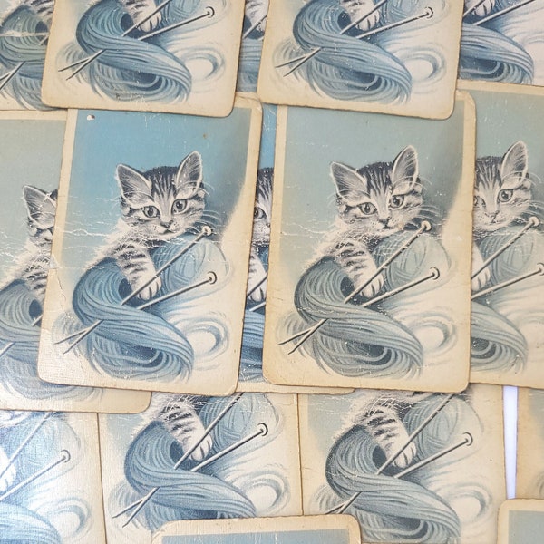 Vintage Cat and Yarn Playing Cards - 28 Cards - Vintage Playing Cards / Vintage Ephemera / Vintage Paper Goods