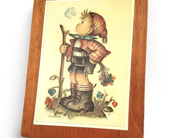 Vintage Hummel Illustration of Boy with Walking Stick Mounted On Wood - Kitschy Cute Decor / Hiker Gift / Hummel Print / Hummel Decor