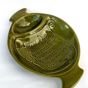 1950&#39;s California Pottery Ceramic Olive Green Chip Platter with Cheese Dip Recipe - Vintage Pottery / Chip and Dip / Serving Dish