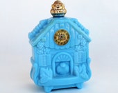 Vintage Blue Milk Glass Cuckoo Clock Bottle by Avon for Roses, Roses Cologne Perfume