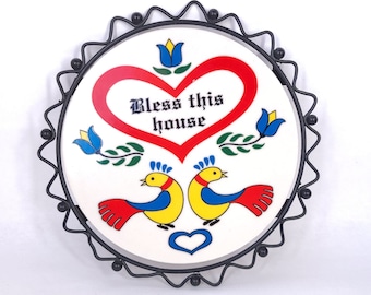 Vintage Swedish Folk Art Trivet: Bless This House Ceramic & Wrought Iron