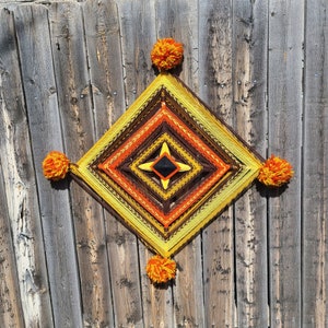 Vintage 1970's Yarn God's Eye in Orange, Brown and Yellow Ojo De Dios Vintage God's Eye / Seventies Wall Decor image 1