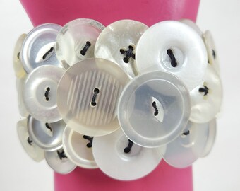 Upcycled Vintage Button Bracelet: Iridescent Shell & Pearl, Chunky Statement Jewelry