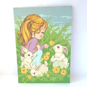 Vintage Paint By Number Girl with Rabbits Vintage Painting / Kitschy Cute / Vintage Nursery / Vintage Kitsch / Kitschy Painting image 1