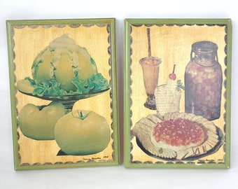 Vintage 1970's Set of 2 Kitschy Food Decoupage Collage Art - Vintage Kitschy Art / Vintage Kitsch / Retro Art / Kitchen Wall Art