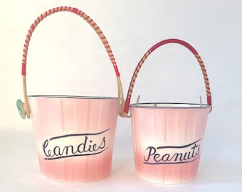 Set of 2 Vintage Ceramic Candies and Peanuts Buckets by Lipper Mann - Vintage Kitsch / Kitschy Kitchen / Pink Kitchen