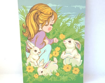 Vintage Paint By Number - Girl with Rabbits - Vintage Painting / Kitschy Cute / Vintage Nursery / Vintage Kitsch / Kitschy Painting