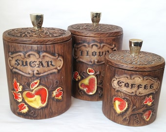 Set of 3 Vintage Treasure Craft Ceramic Wood Grain Kitchen Canisters with Orange Glazed Fruit Pattern - Vintage Canisters / Kitschy Kitchen